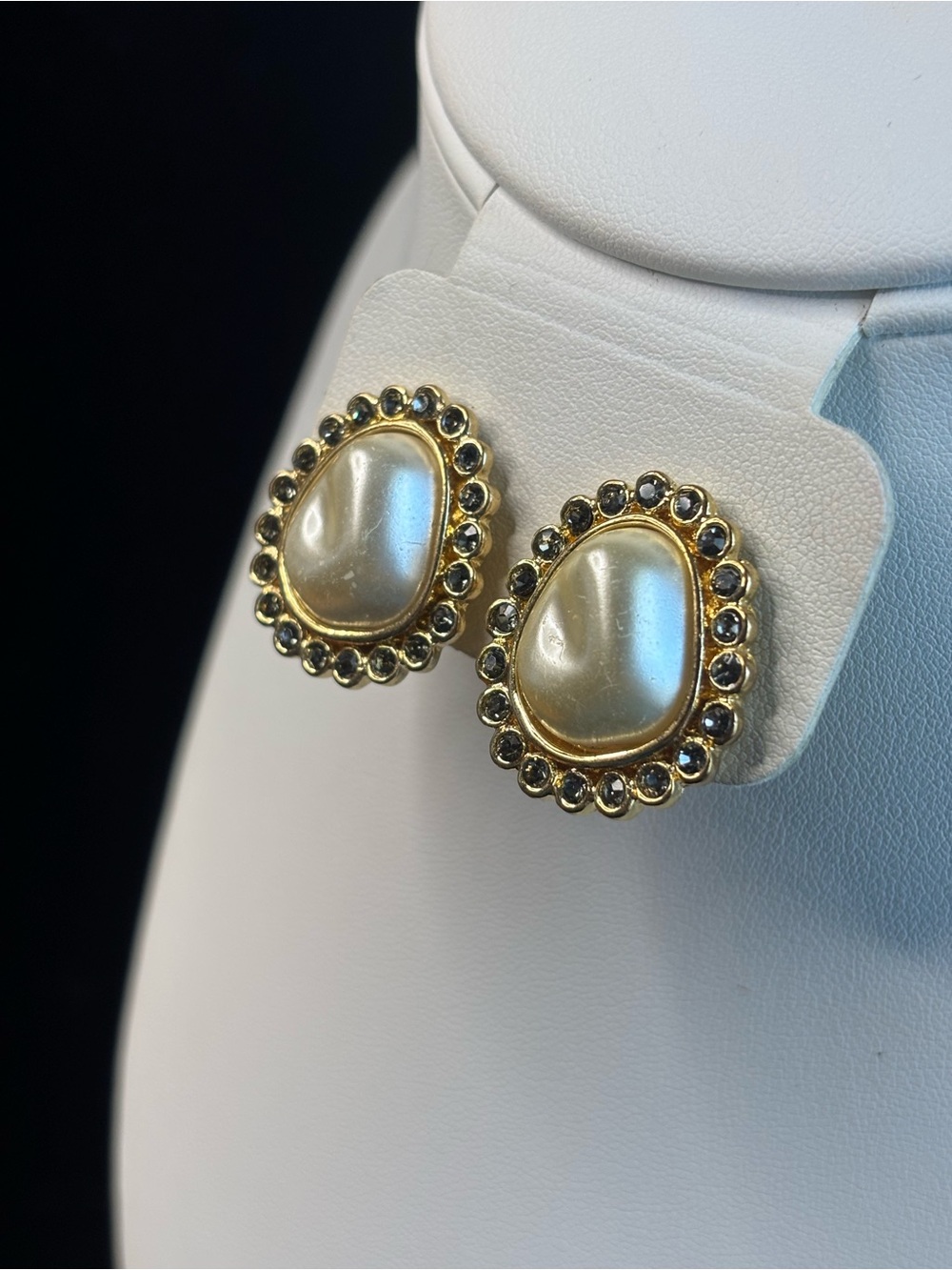 Chico’s Pearl-Effect Gold Oval Clip On Earrings with Blue Crystal Halo